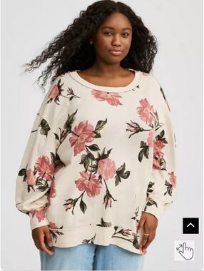 torrid Cream Floral Scoop Neck Pullover with Pink Roses